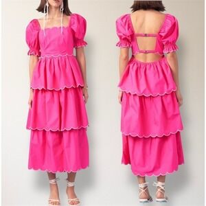 English Factory Anthropologie L Pink Scallop Tiered Maxi Dress Puff Sleeve Boho